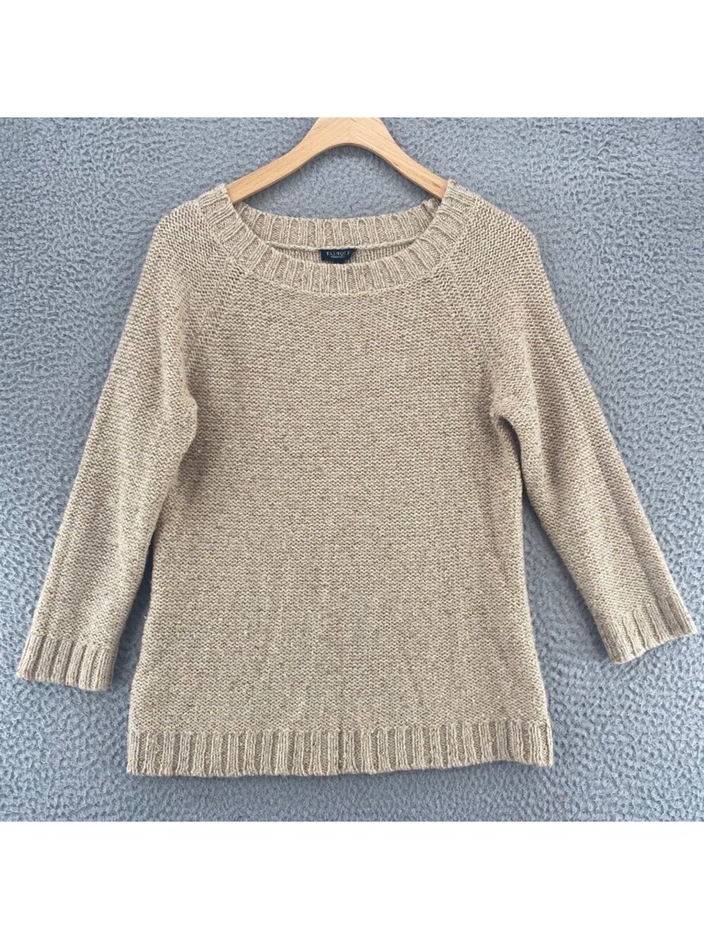 Talbots Sweater Womens Medium Beige Gold Sequins Wool Blend Stretch 3/4 Sleeves